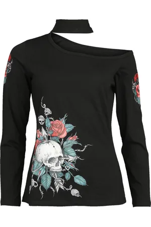 Rock Rebel Langermet skjorte - Langermet med hodeskalle og roser print - S til XXL - Damer
