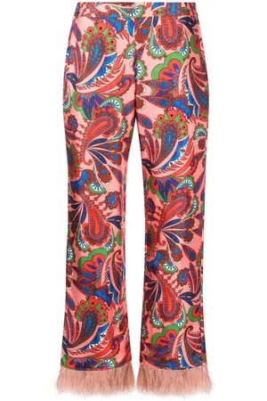 Borgo De Nor Eden Paisley Print Pants With Feather Trim in Red