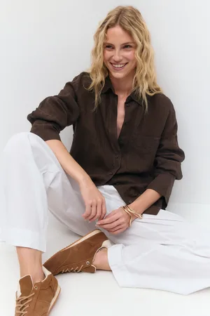 Gina Tricot Linen shirt - linskjorter - Brun - M - Dame