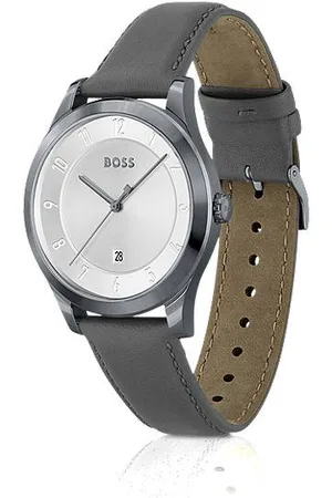HUGO BOSS Grey-plated watch with leather strap