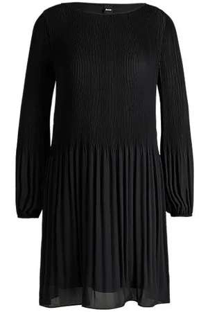 HUGO BOSS Regular-fit dress with plissé pleats and crew neckline
