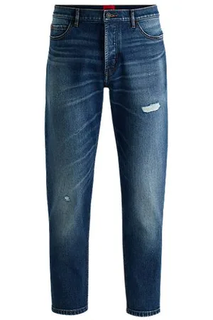 HUGO BOSS Tapered-fit jeans in dark-blue distressed stretch denim