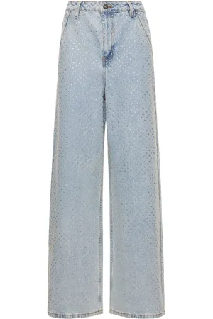 Self-Portrait Embellished Cotton Denim Wide Jeans