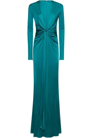 Roberto Cavalli Long Sleeve V Neck Maxi Dress W/ Knot