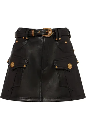 Balmain Trapeze Belted Leather Mini Skirt