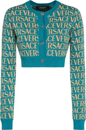 VERSACE Logo Jacquard Knit Crop Cardigan