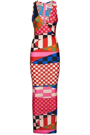 Puccini V Neck Printed Satin Jersey Long Dress