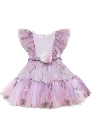 MONNALISA Printed Stretch Tulle Dress W/ Ruffles