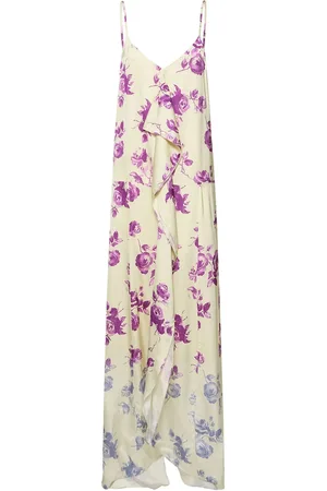 Jil Sander Rose Print Viscose Satin Long Dress
