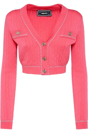 VERSACE Rib Knit V-neck Cropped Wool Cardigan