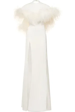 The Attico Airi Satin Cape Gown W/feathers