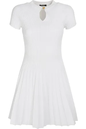 Balmain Pleated Knit Short Sleeve Mini Dress