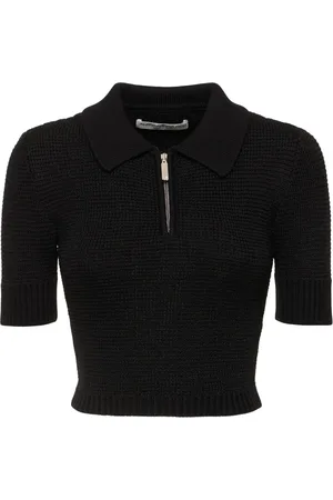 Alessandra Rich Sequined Cotton Blend Knit Polo W/ Zip