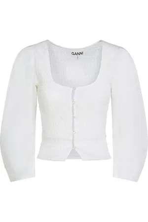 Ganni Cotton Poplin Smocked Top