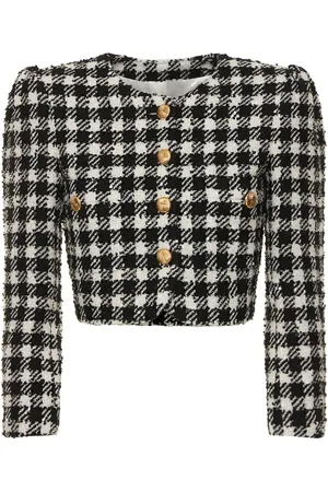Alessandra Rich Gingham Wool Blend Tweed Cropped Jacket