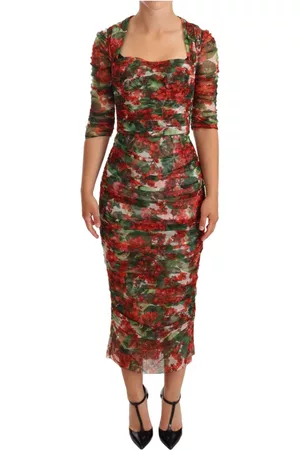Dolce & Gabbana Dame Bodycon kjoler - Red Floral Print Tulle Sheath Midi Dress