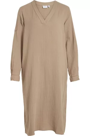 VILA Dame Hverdagskjoler - Savannah Tan nia New V-Neck L/S Midi Shirt Dress Dresses
