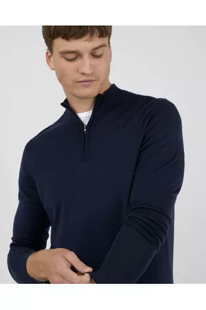 Sunspel Herre Merino ull jakker - Merino Half Zip Light Navy