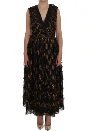 Dolce & Gabbana Dame Festkjoler - Black Silk Brown Fringes A-Line Dress