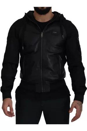 Dolce & Gabbana Herre Skinnjakker - Black Leather Hooded Short Coat Jacket