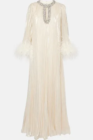 Self-Portrait Feather-trimmed silk-blend maxi dress