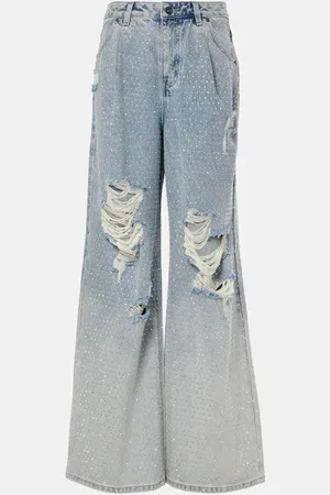 Self-Portrait Embellished distressed wide-leg jeans