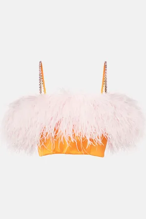 Self-Portrait Feather-trimmed satin crop top