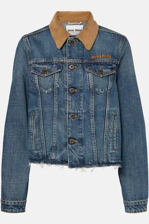 Miu Miu Logo distressed corduroy-trimmed denim jacket