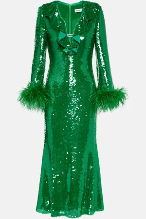 Self-Portrait Feather-trimmed sequined midi dress