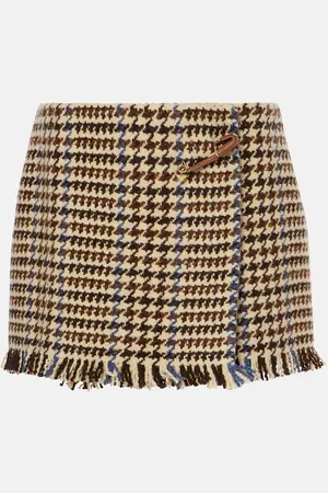 Prada Fringed houndstooth wool-blend miniskirt