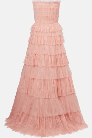 Costarellos Trissa plissÃ© tiered tulle and lace gown