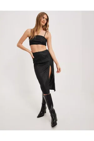 Public Desire Dame Midiskjørt - Glitter Midi Skirt with Thigh Split Black