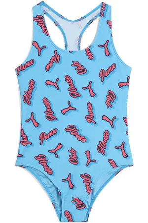 PUMA Printed Racerback Swimsuit Youth, Blue, Size 6 Y, Clothing
