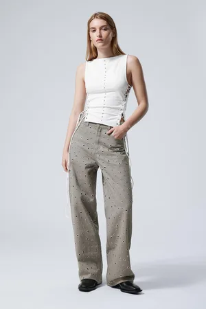 Weekday Low Waist Loose Wide Leg Eyelet Twill Trousers